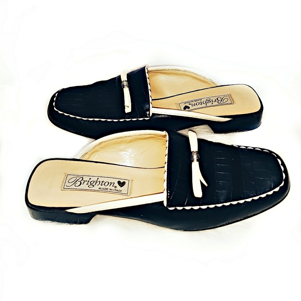 Brighton Black and Cream Tassel Mule Slides